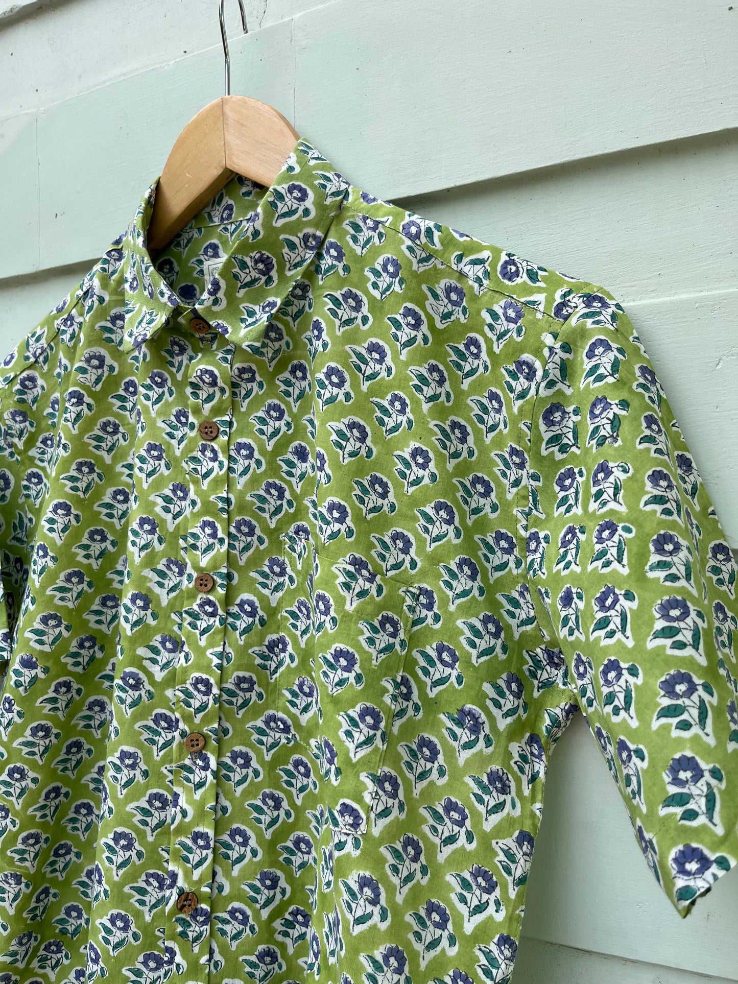 Green Floral Hand Block Printed Cotton Shirt