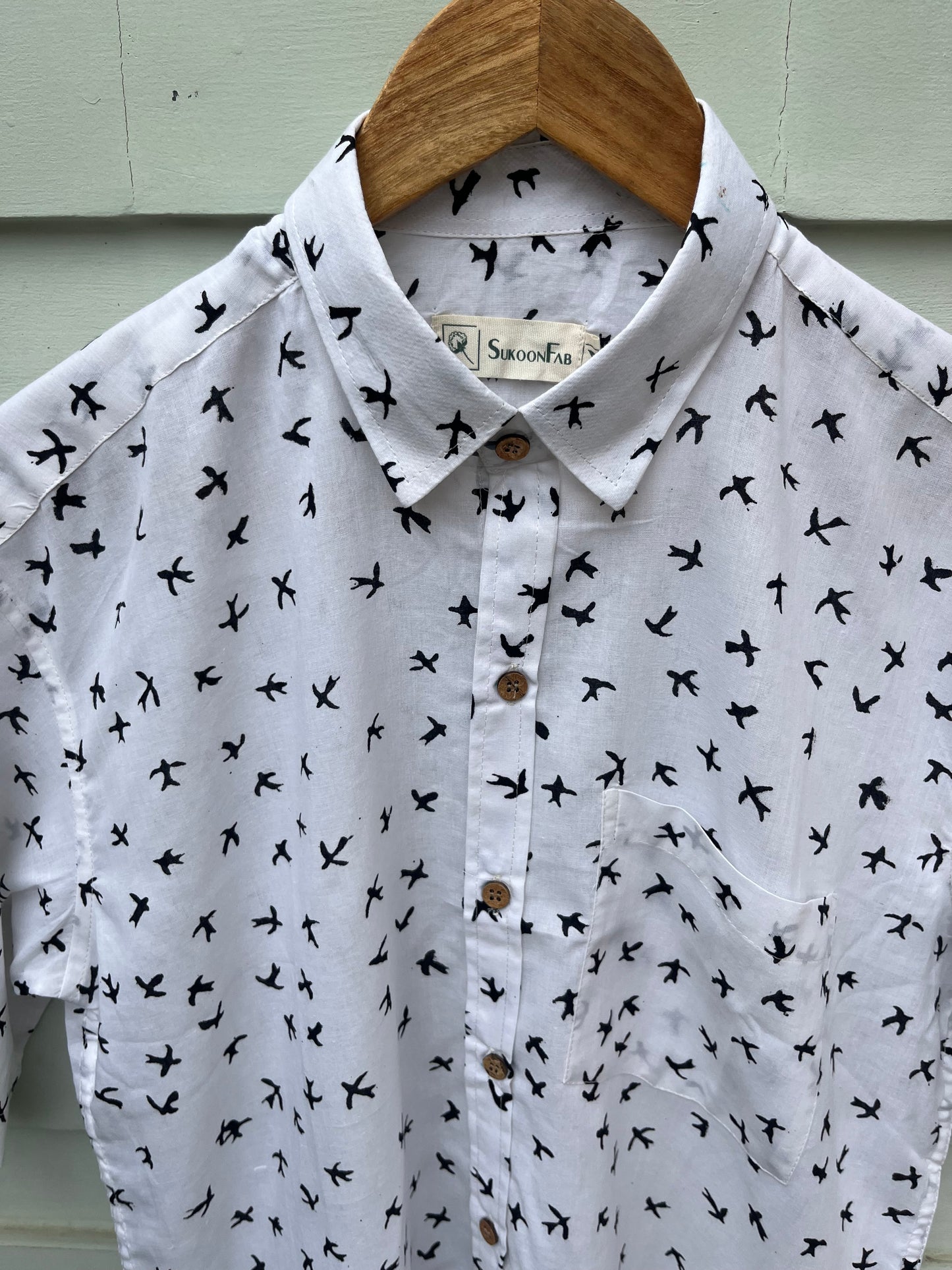 Black and White Bird Printed Cotton Shirt