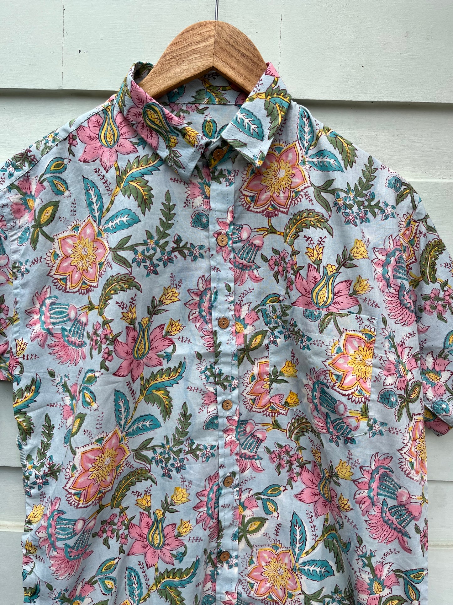 Blue Pastel Floral Hand Block Printed Cotton Shirt
