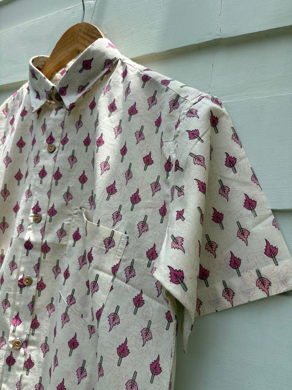 Classic Crimson Leaf Block-Print Casual Shirt