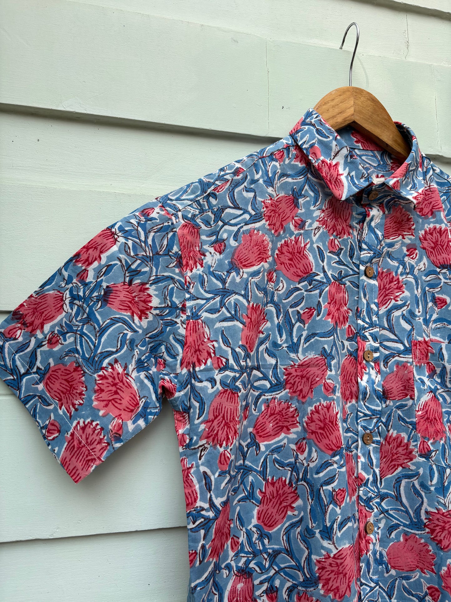 Blue & Red Floral Hand Block Printed Cotton Shirt