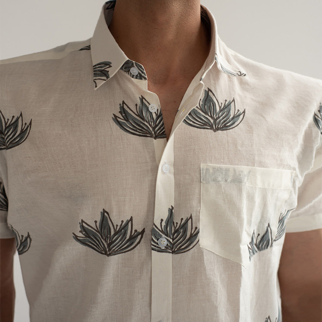 Cotton White Hand Block Printed Shirt