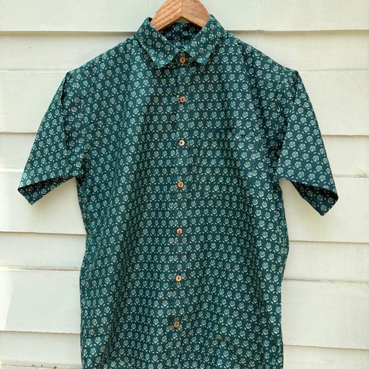 Bottle Green Sanganeri Printed Cotton Shirt