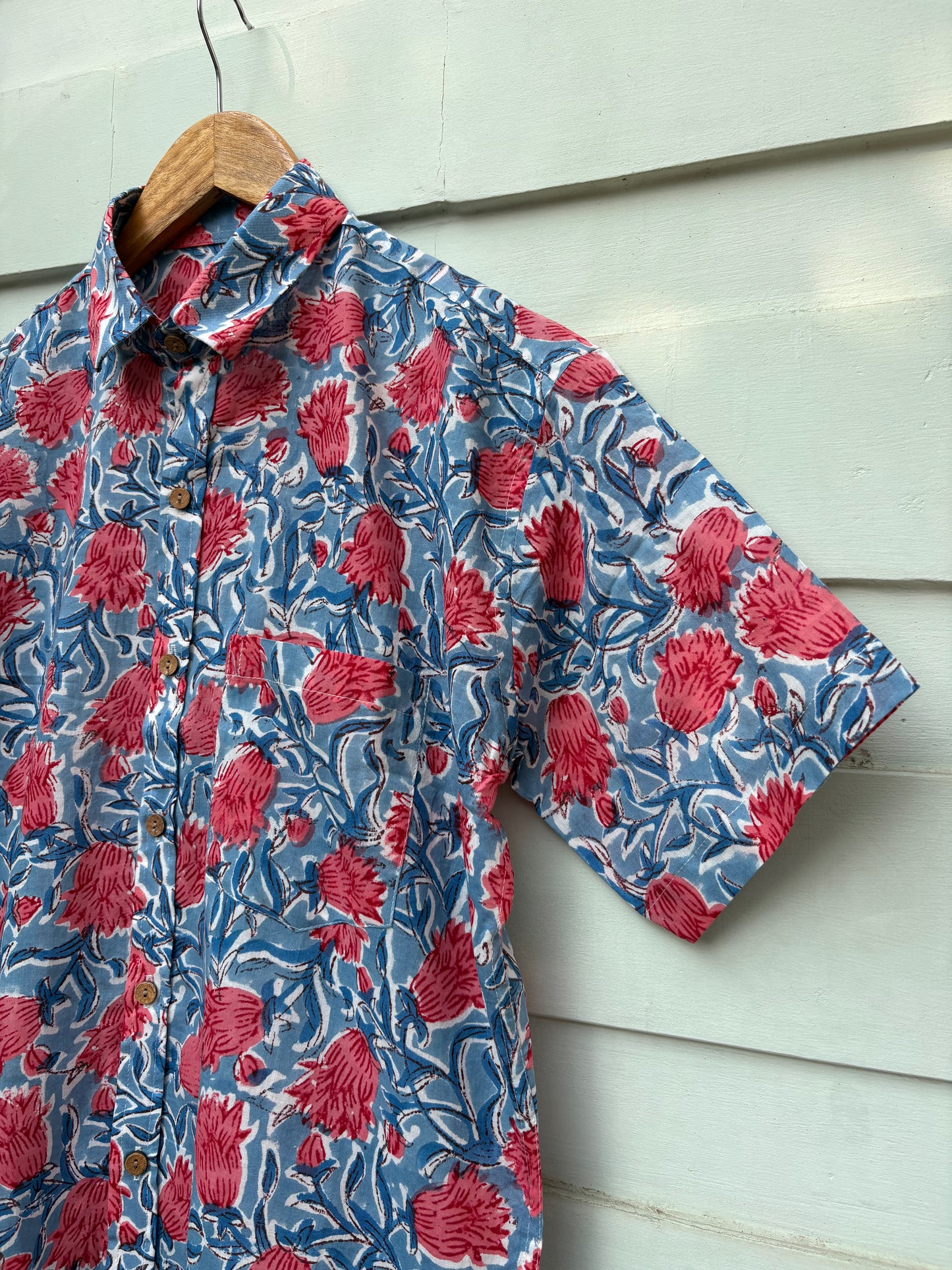 Blue & Red Floral Hand Block Printed Cotton Shirt