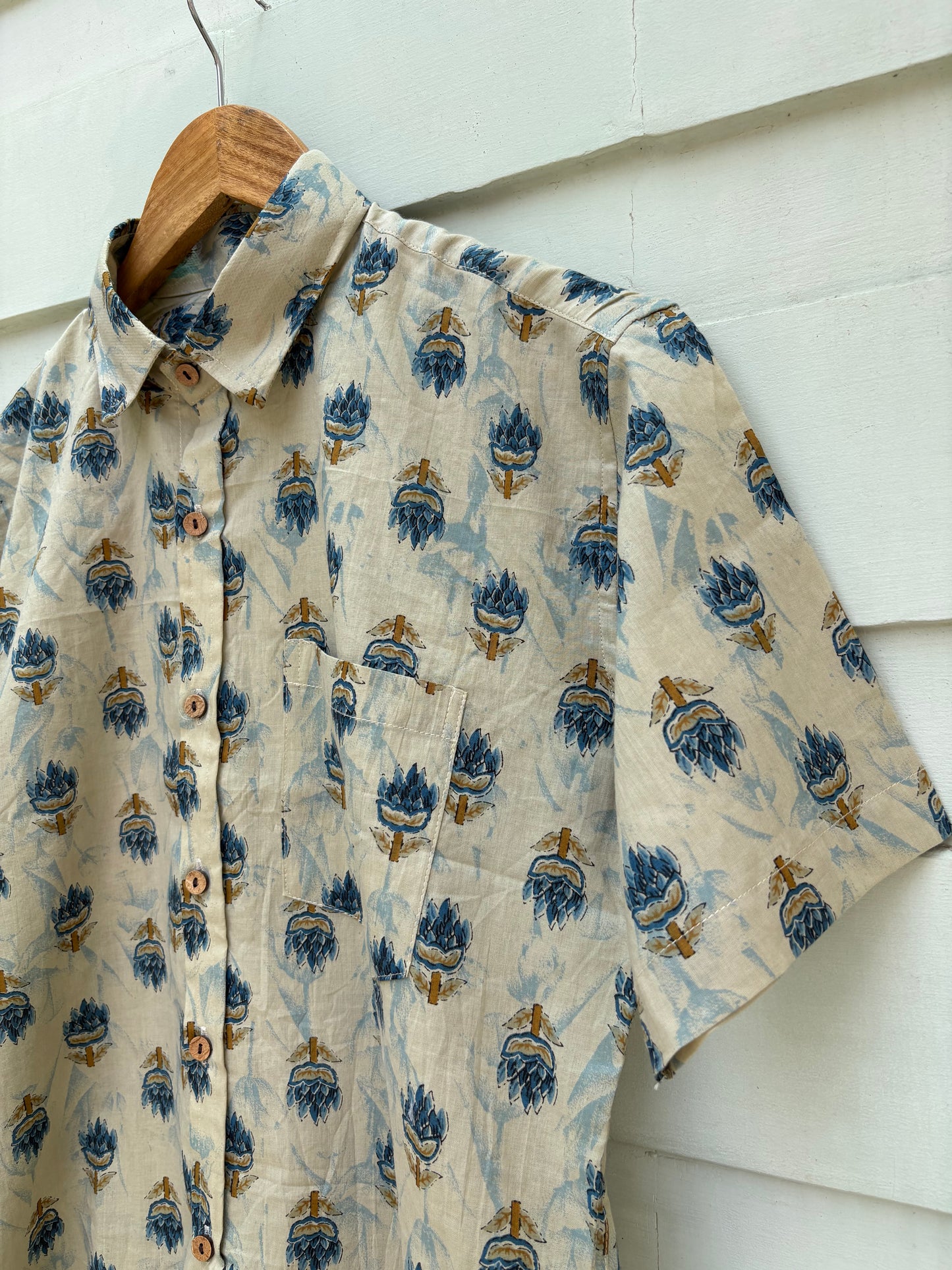 Brownish Blue Floral Printed Cotton Shirt