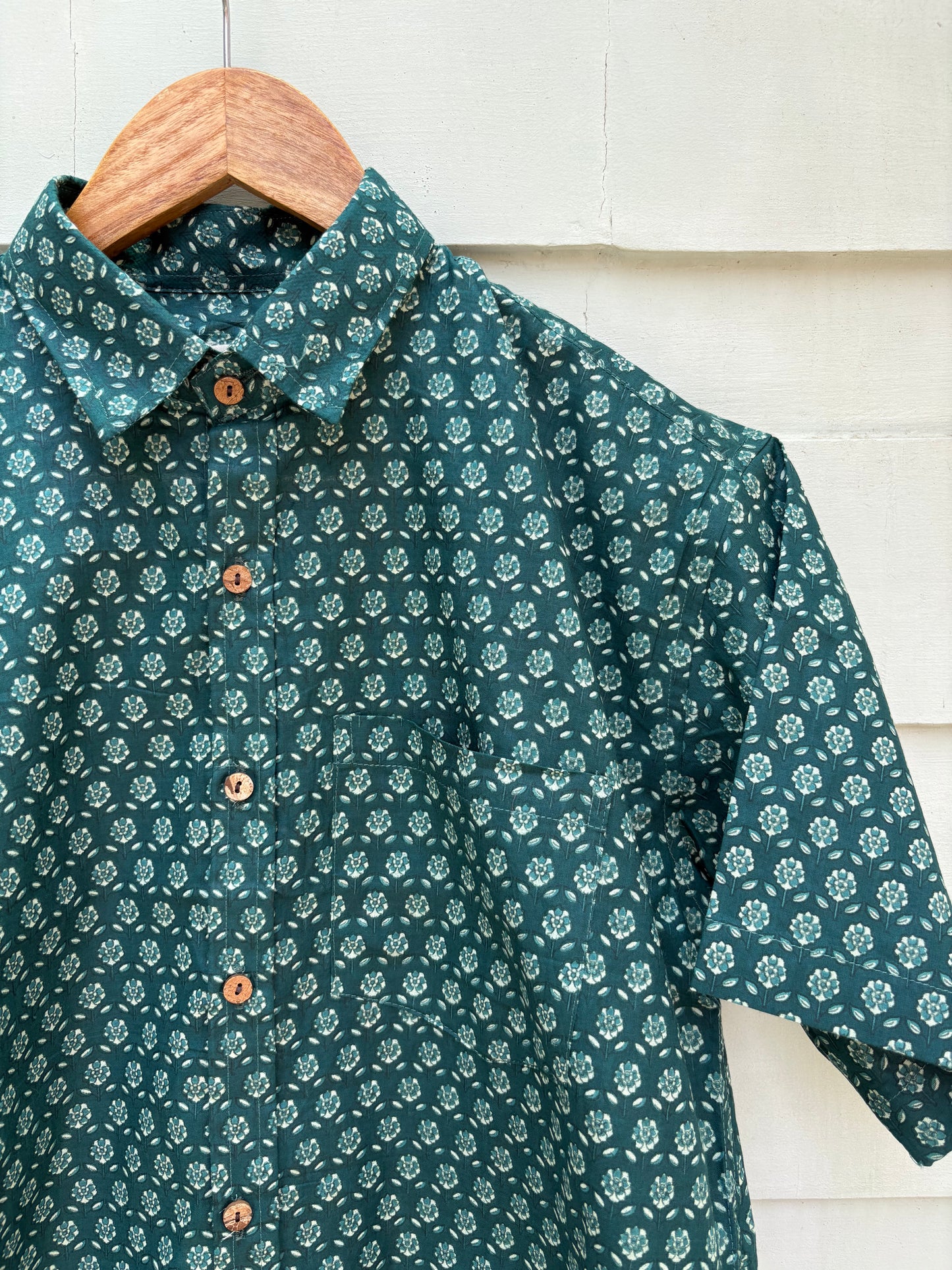 Bottle Green Sanganeri Printed Cotton Shirt
