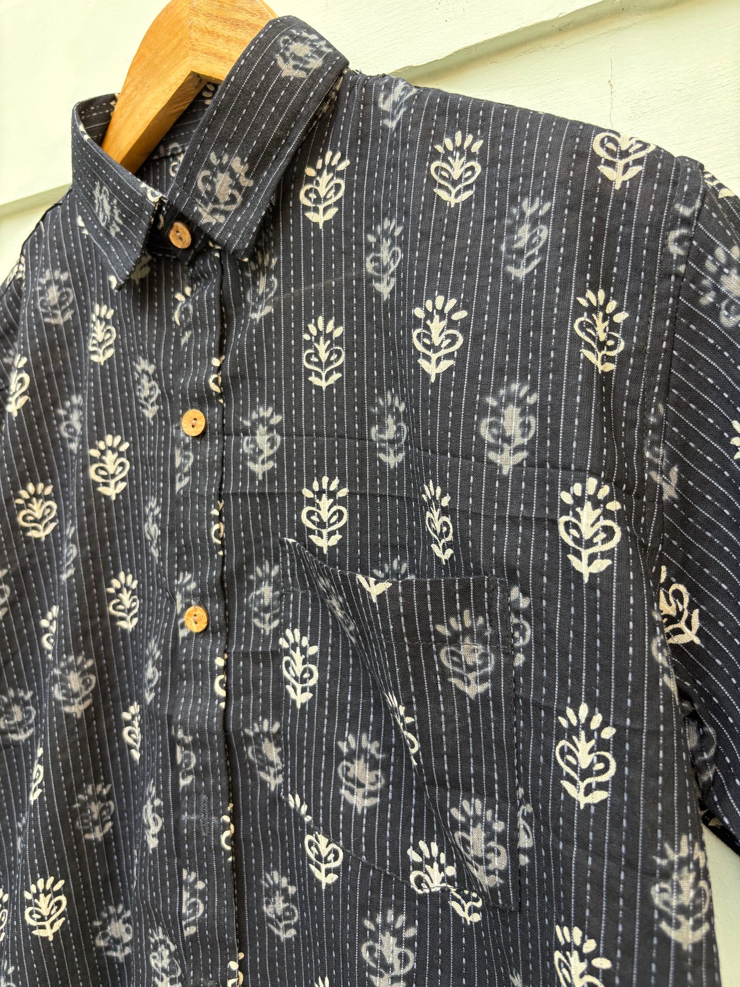 Black Floral Katha Printed Cotton Shirt