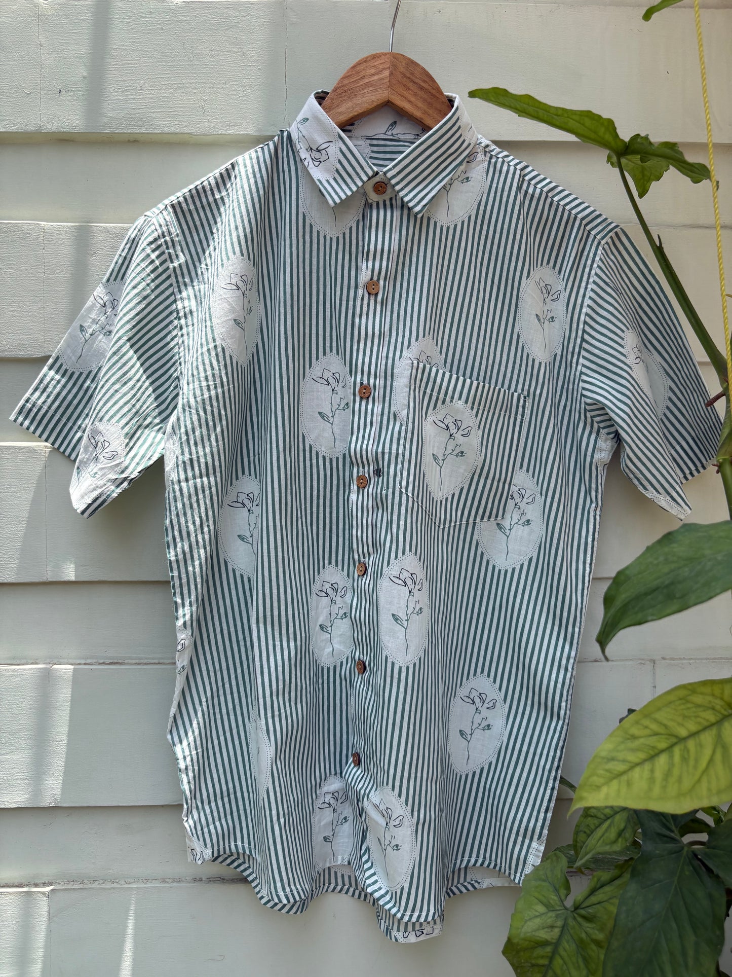 Sage Stripe & Botanical Medallion Block-Print Shirt