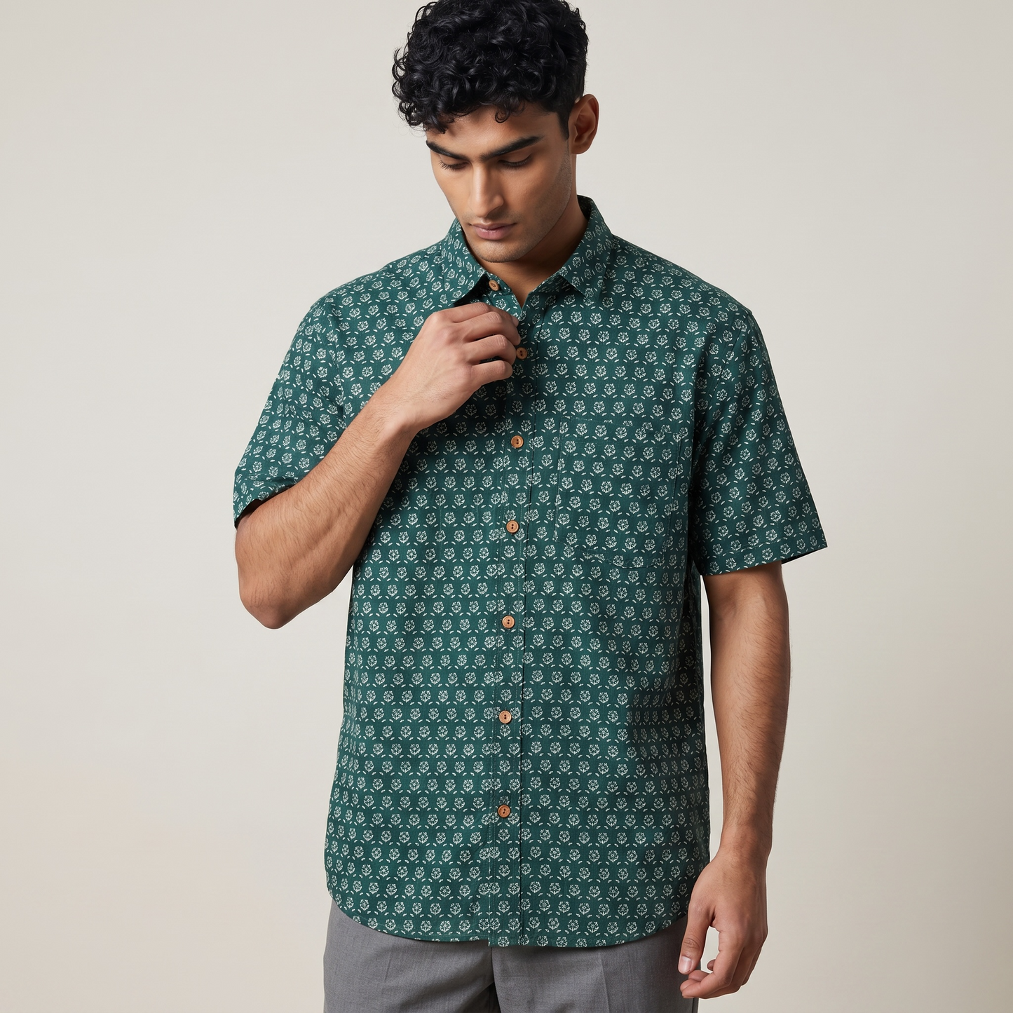 Bottle Green Sanganeri Printed Cotton Shirt