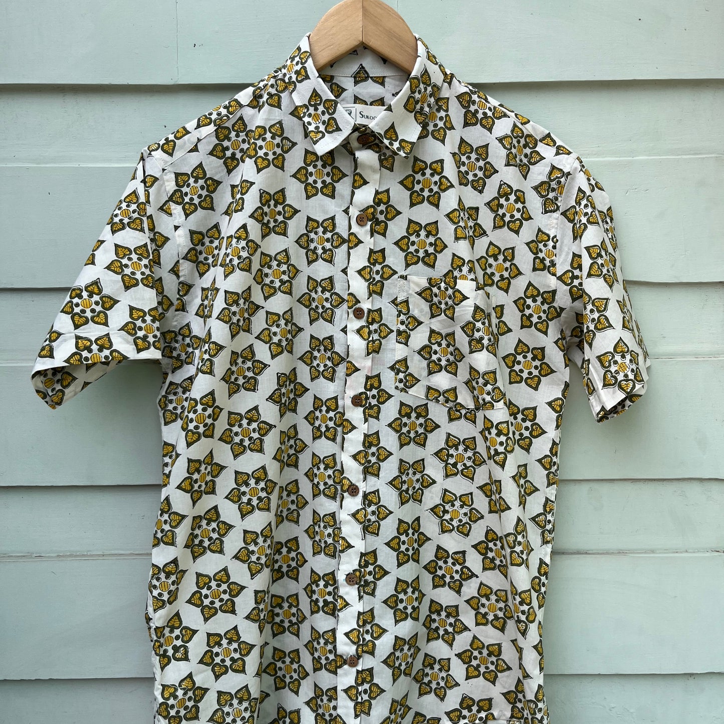 White & Yellow Floral Hand Block Printed Cotton Shirt
