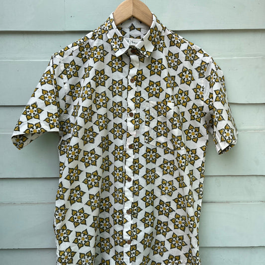 White & Yellow Floral Hand Block Printed Cotton Shirt