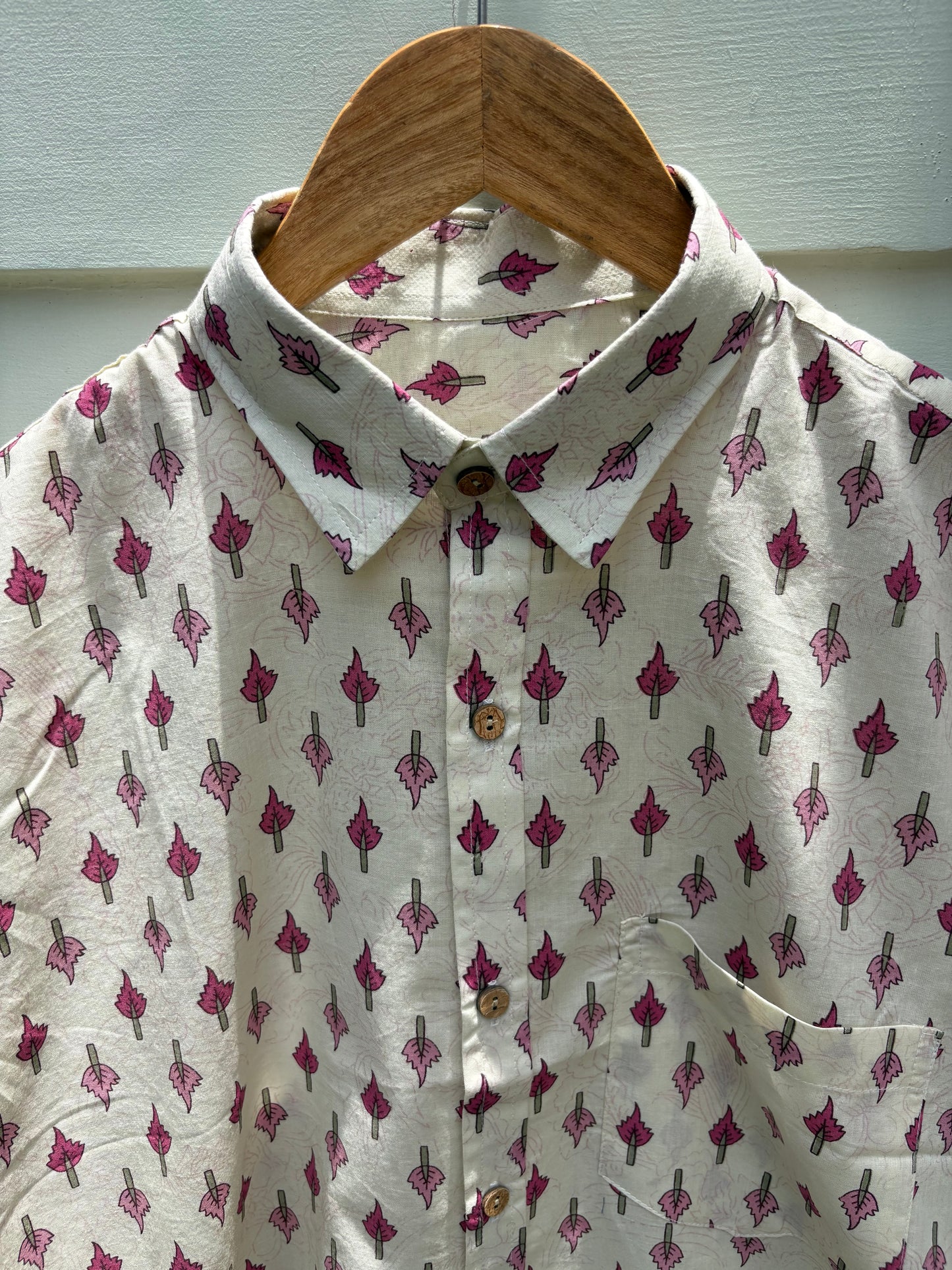 Classic Crimson Leaf Block-Print Casual Shirt