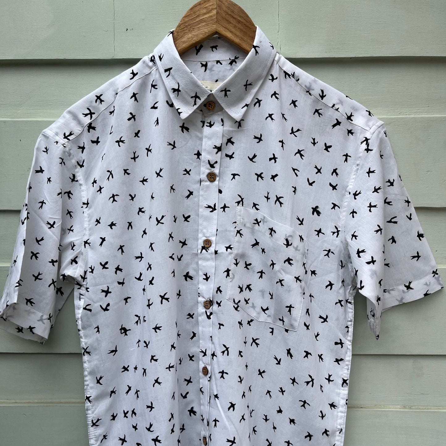 Black and White Bird Printed Cotton Shirt