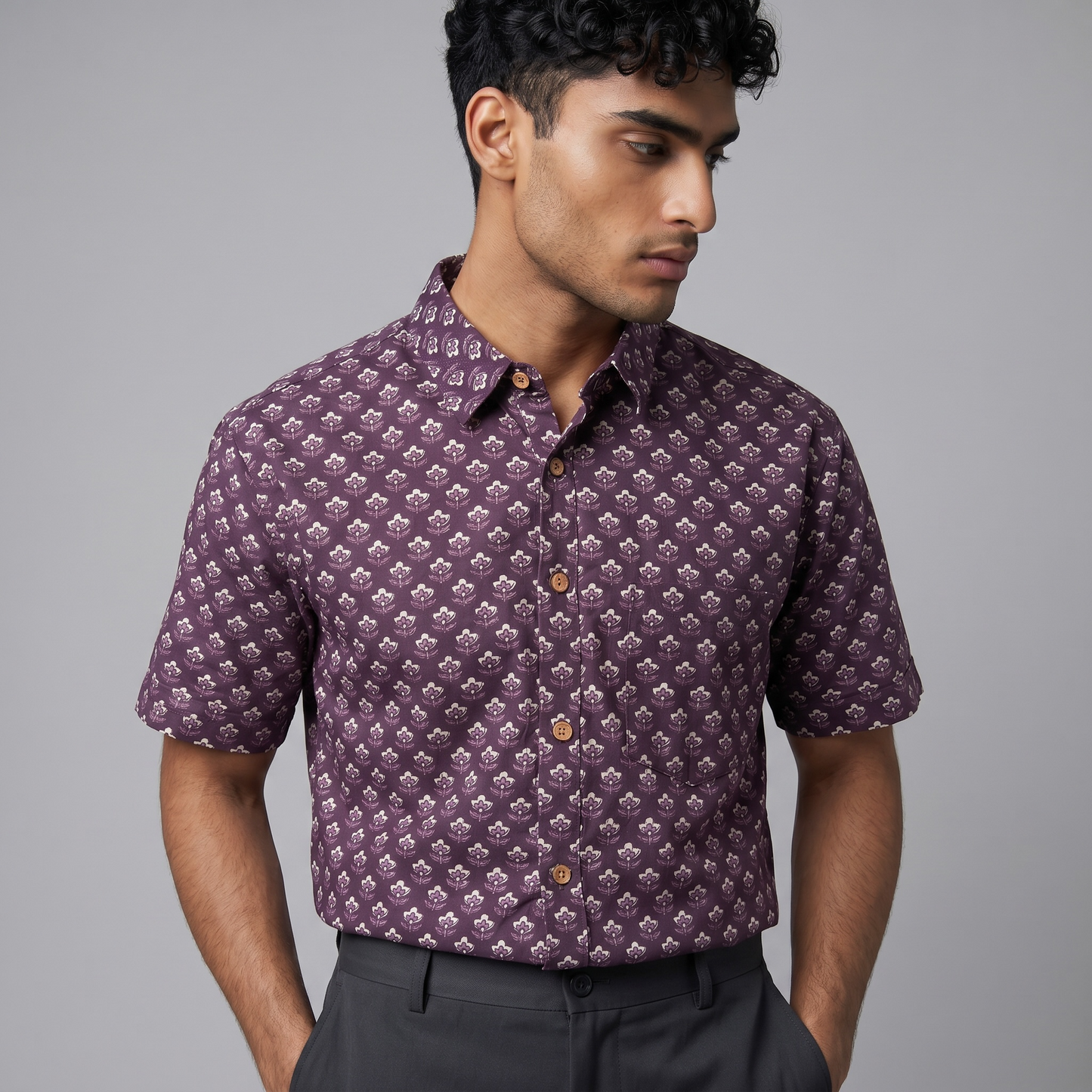 Deep Purple Botanical Cotton Shirt