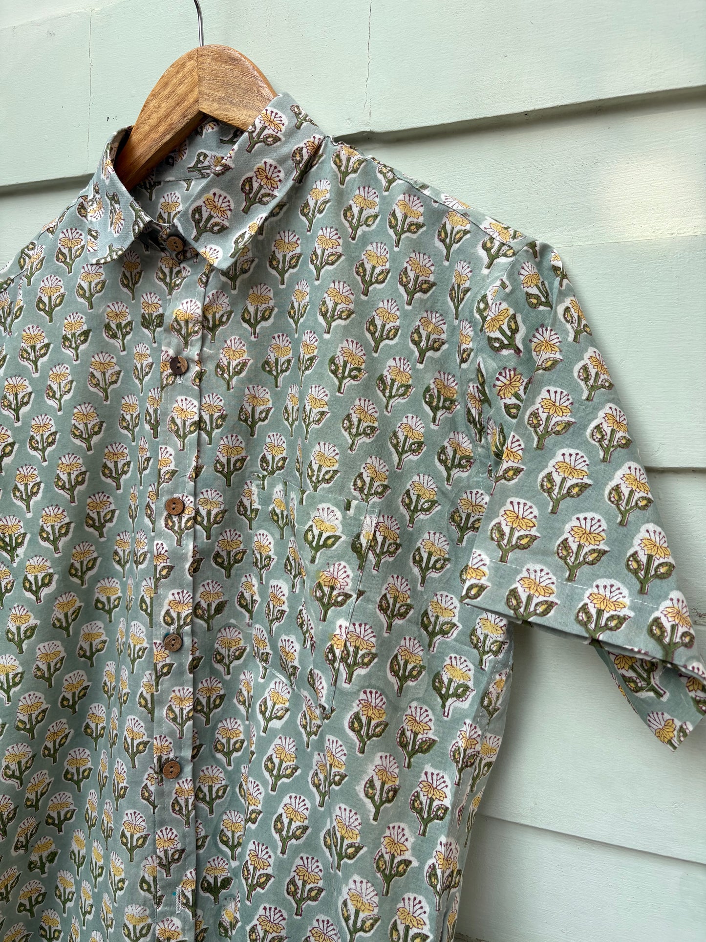 Green Floral Hand Block Printed Cotton Shirt