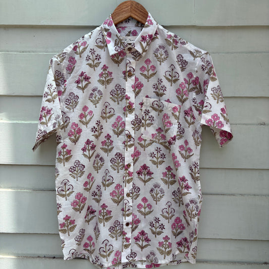 Cool White Floral Hand Block Printed Cotton Shirt