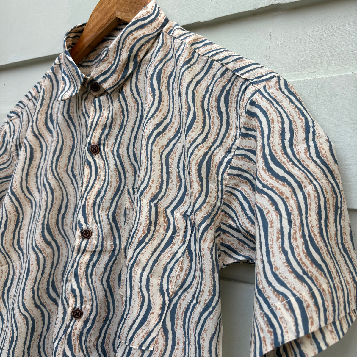 Blue & Beige Wavy Stripe Printed Cotton Shirt