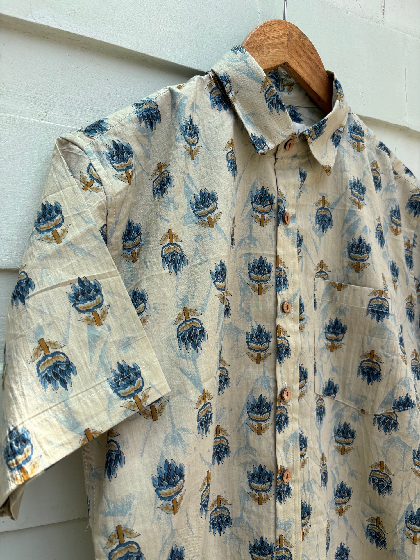 Brownish Blue Floral Printed Cotton Shirt