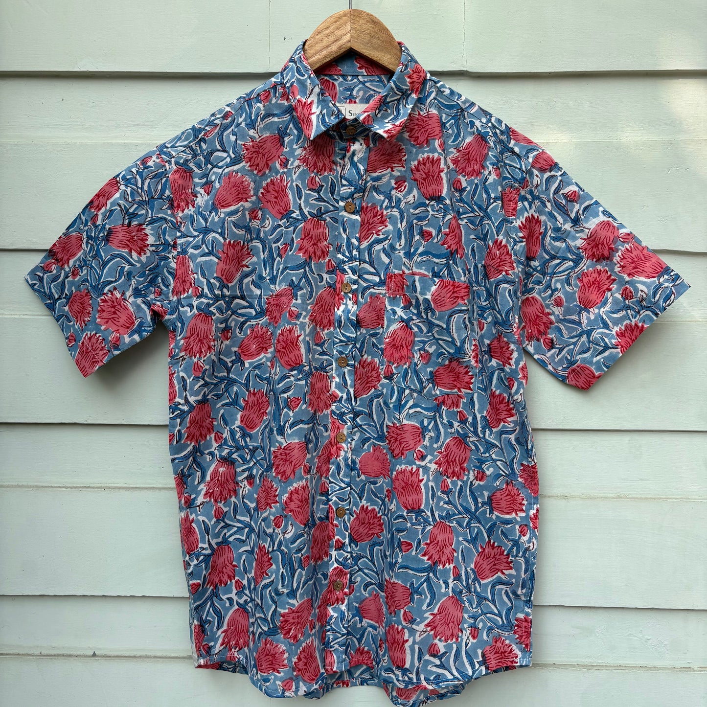 Blue & Red Floral Hand Block Printed Cotton Shirt