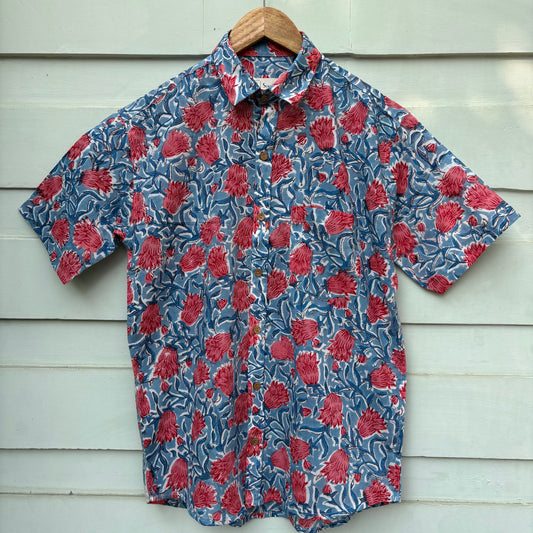 Blue & Red Floral Hand Block Printed Cotton Shirt