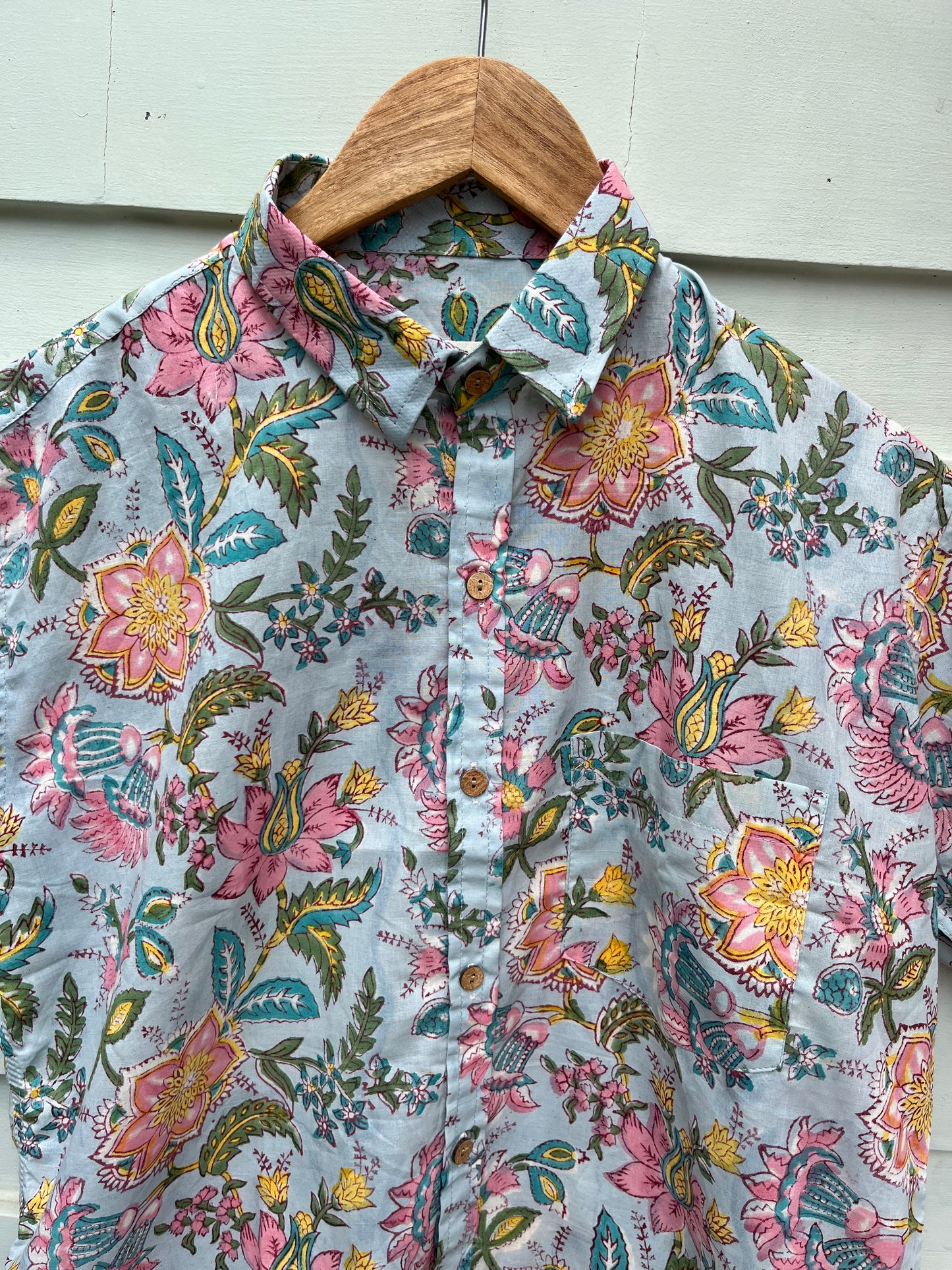 Blue Pastel Floral Hand Block Printed Cotton Shirt