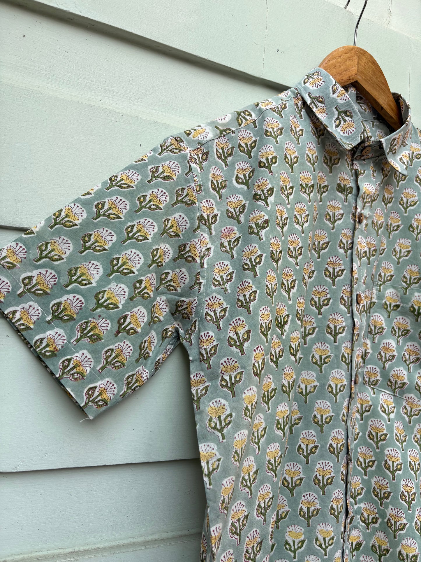 Green Floral Hand Block Printed Cotton Shirt