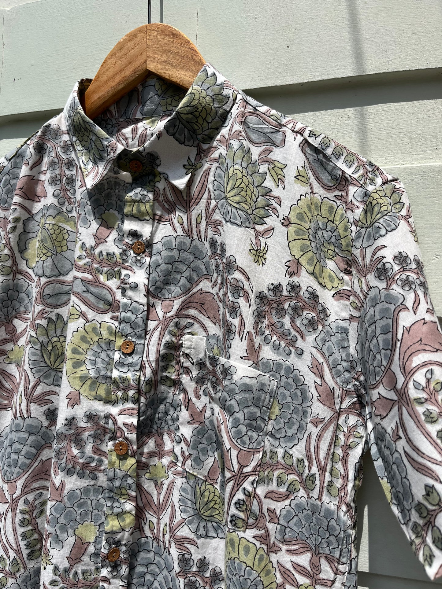 Ivory Slate Floral Hand Block Printed Shirt