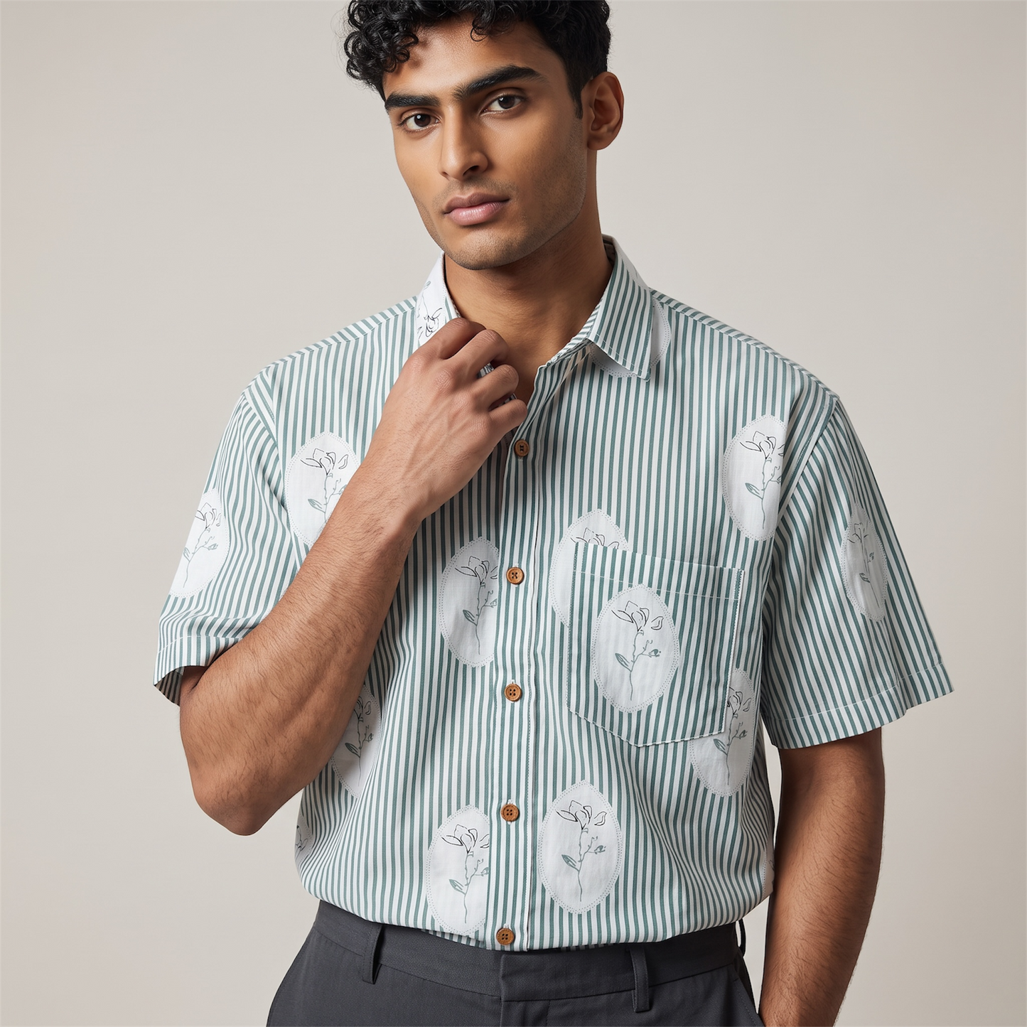 Sage Stripe & Botanical Medallion Block-Print Shirt