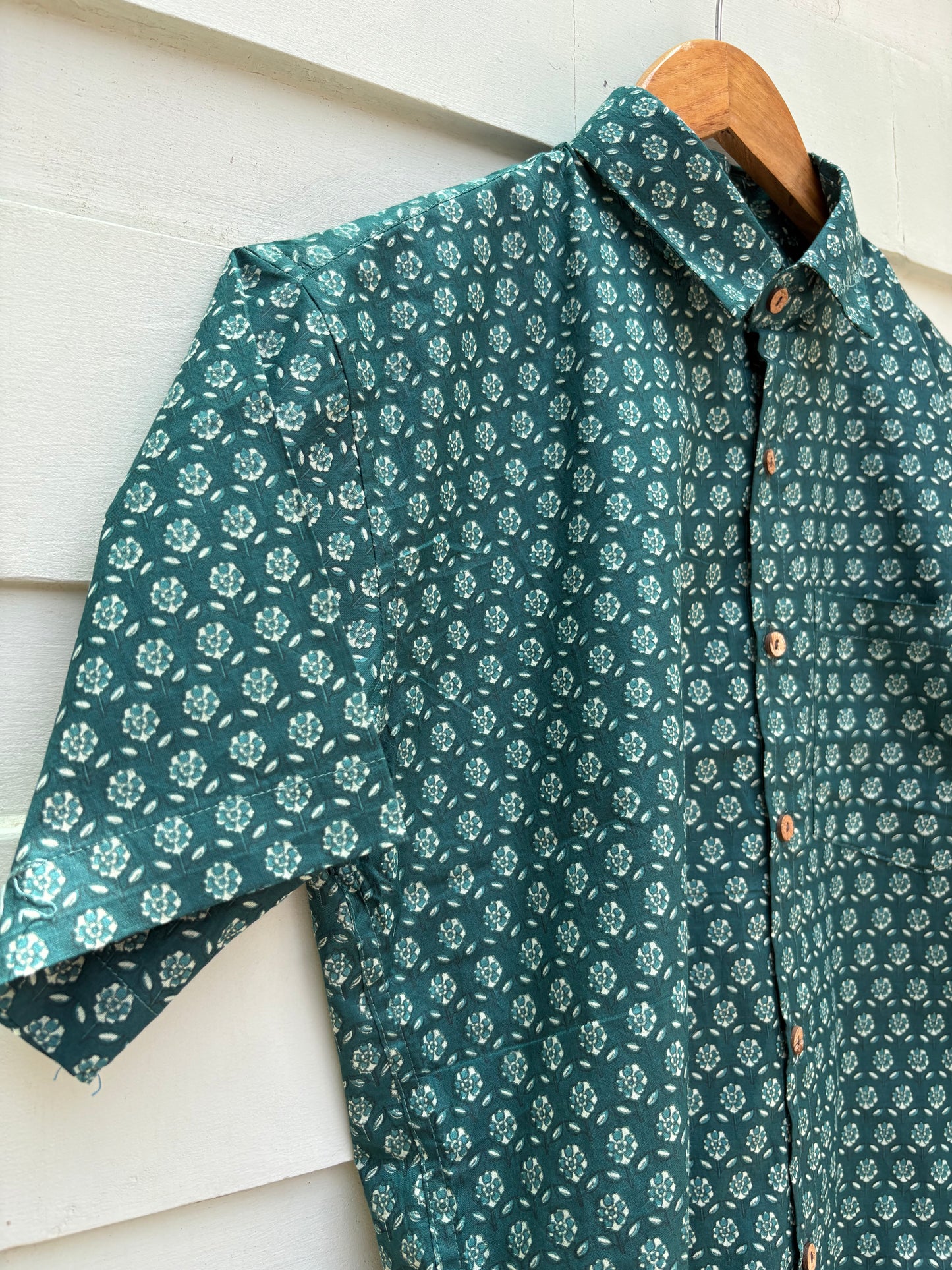 Bottle Green Sanganeri Printed Cotton Shirt