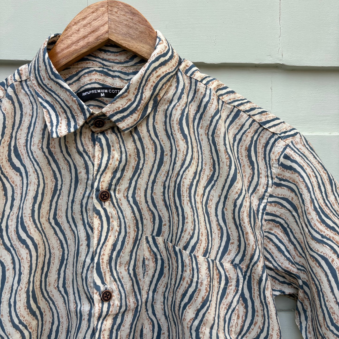 Blue & Beige Wavy Stripe Printed Cotton Shirt
