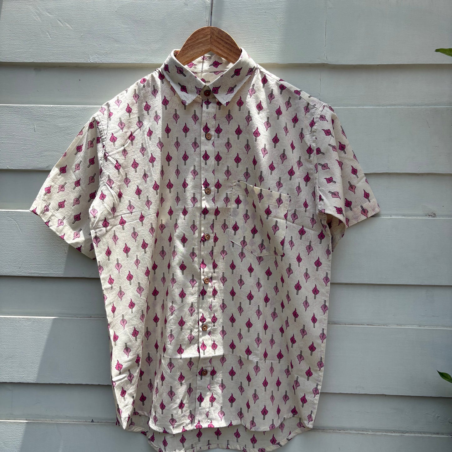 Classic Crimson Leaf Block-Print Casual Shirt