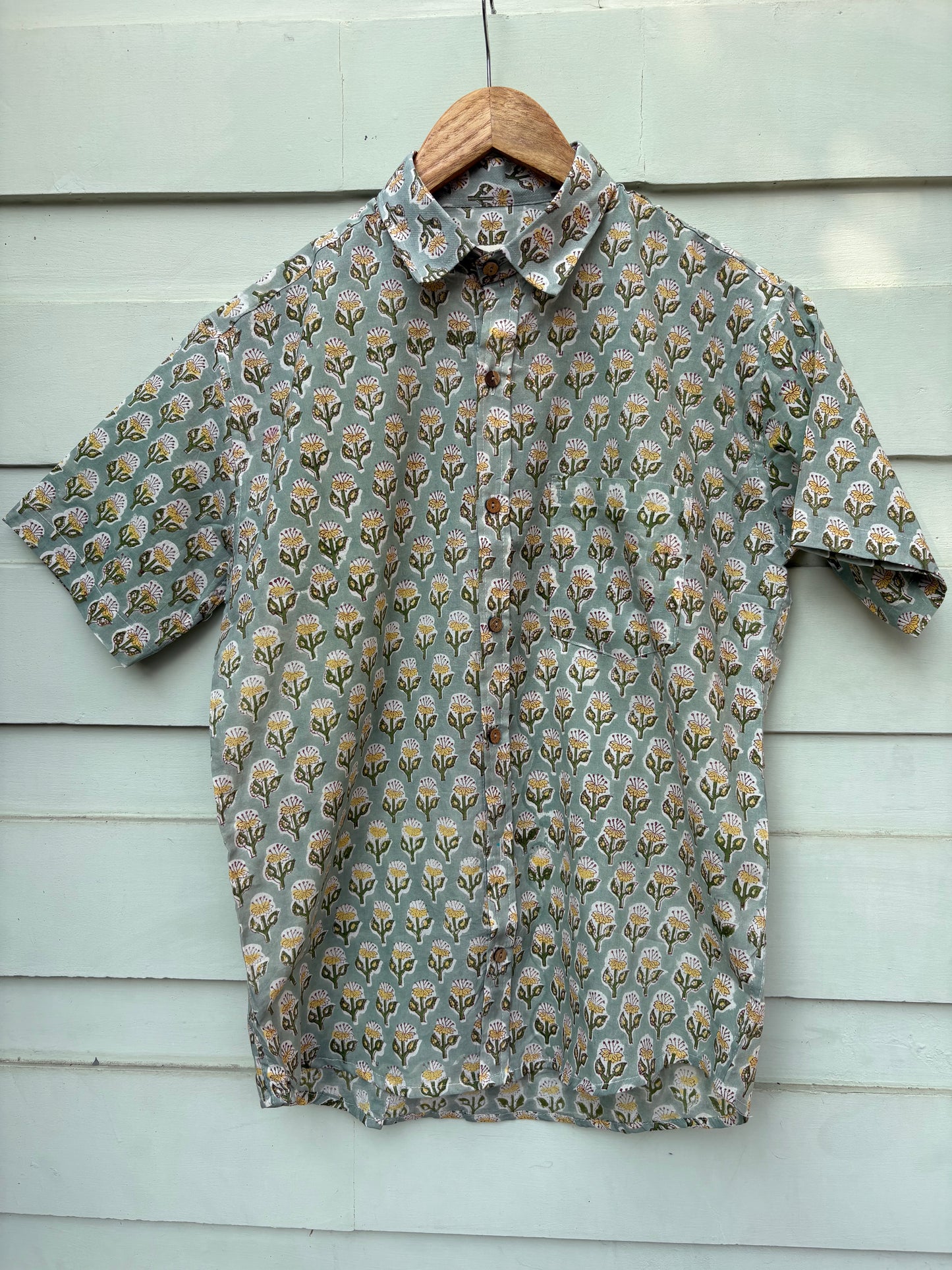 Green Floral Hand Block Printed Cotton Shirt