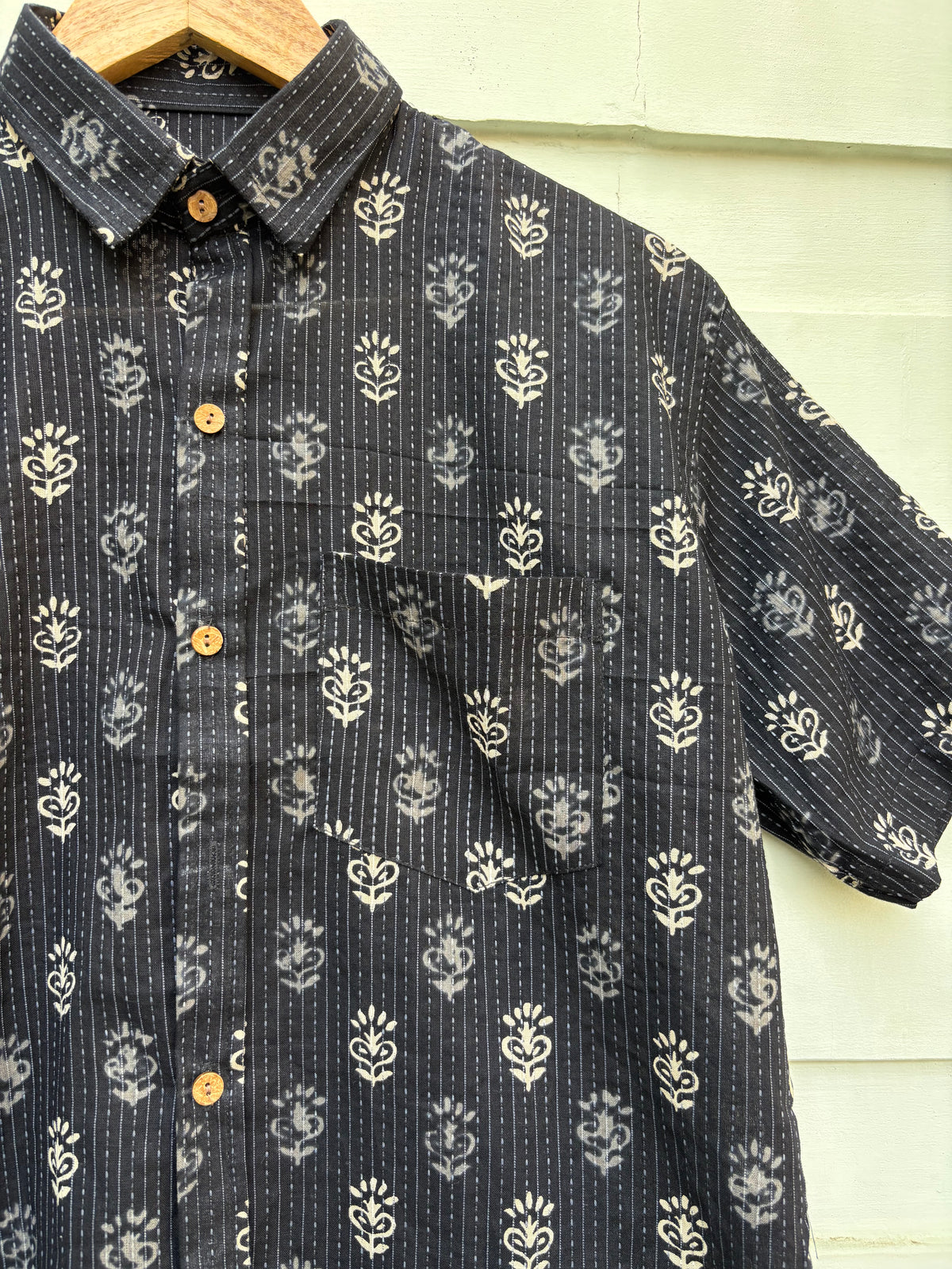 Black Floral Katha Printed Cotton Shirt