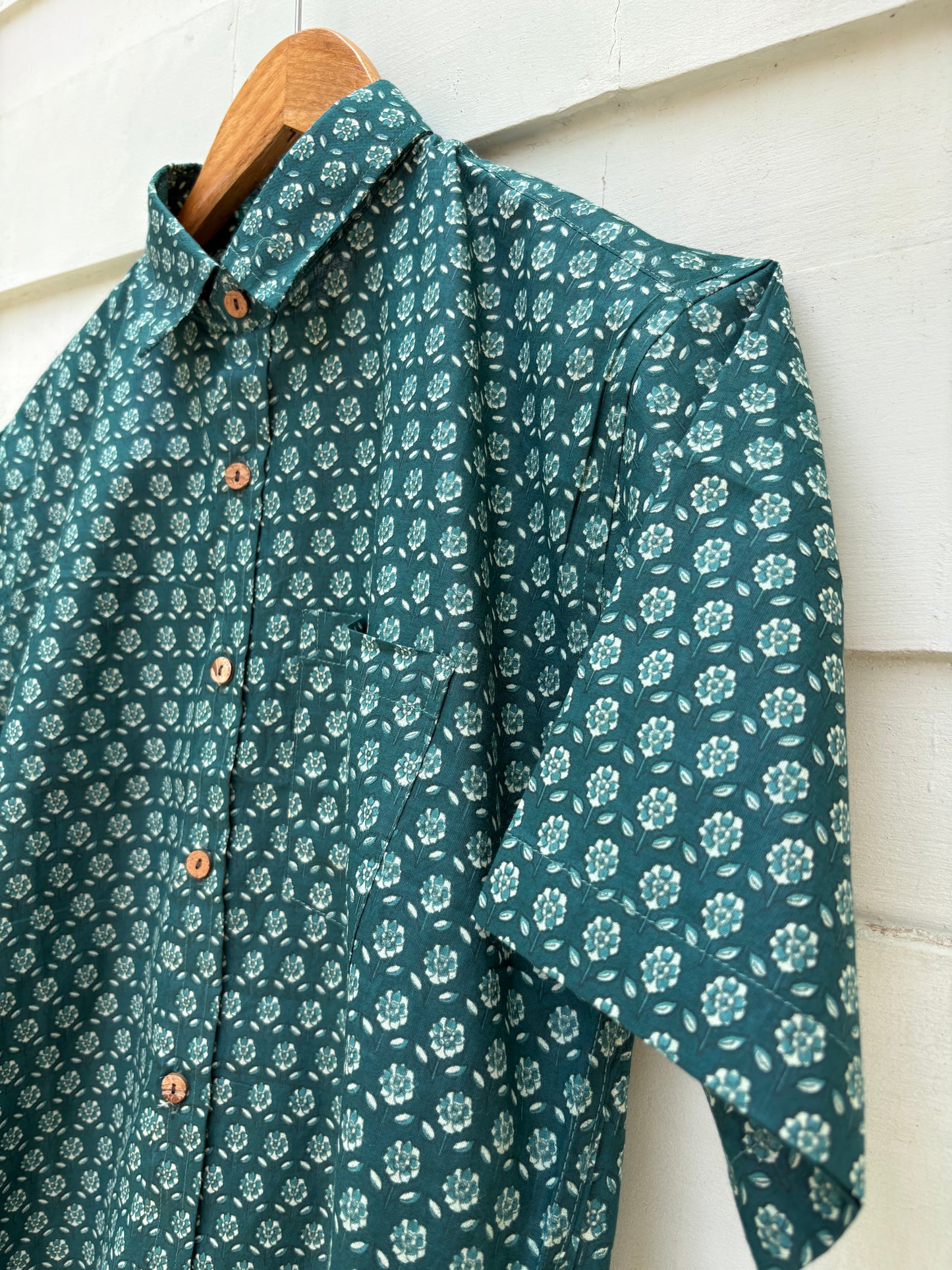 Bottle Green Sanganeri Printed Cotton Shirt