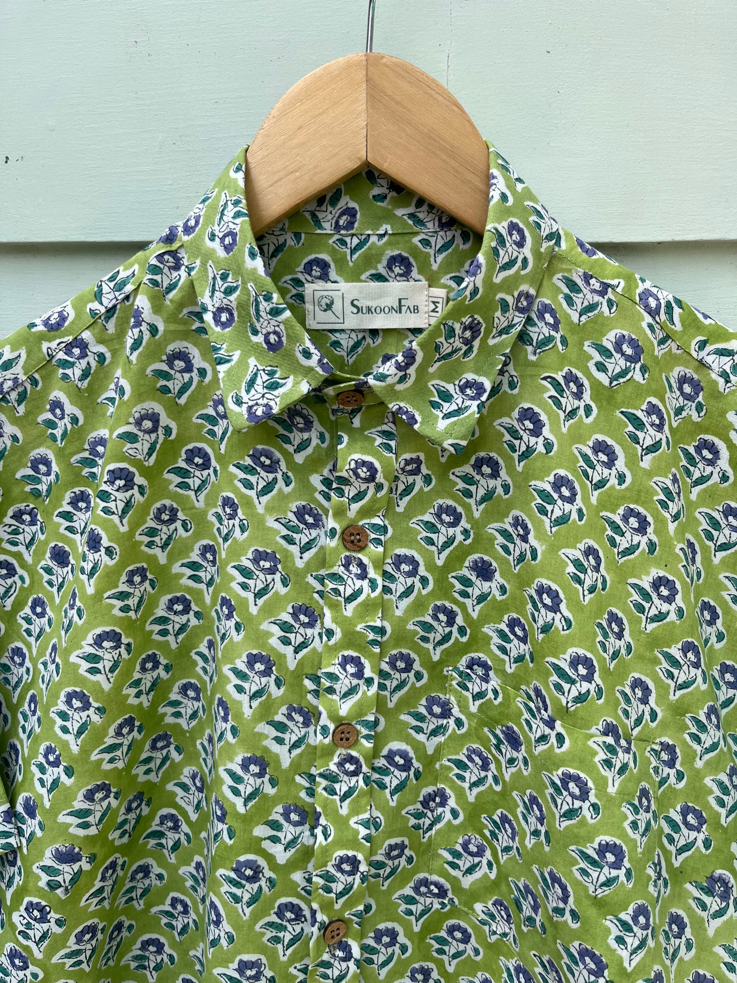Green Floral Hand Block Printed Cotton Shirt