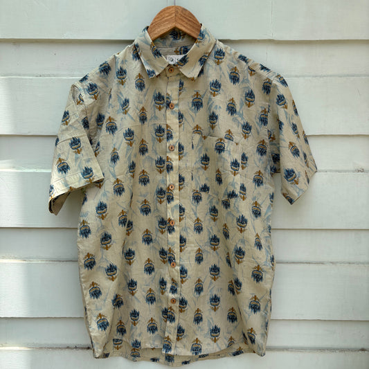Brownish Blue Floral Printed Cotton Shirt