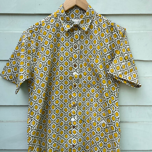 White & Yellow Hand Block Printed Cotton Shirt