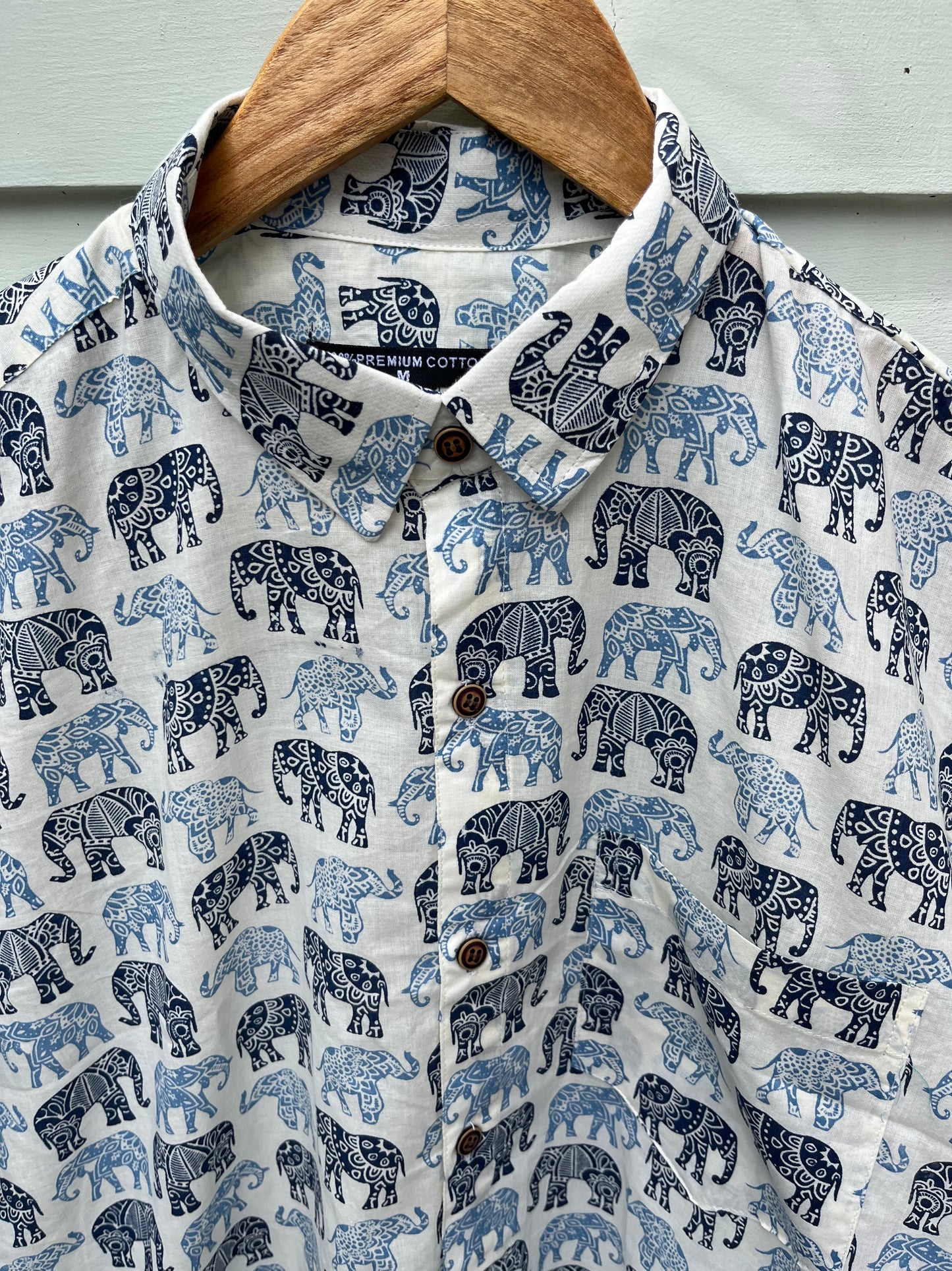 White Blue Elephants Printed Cotton Shirt