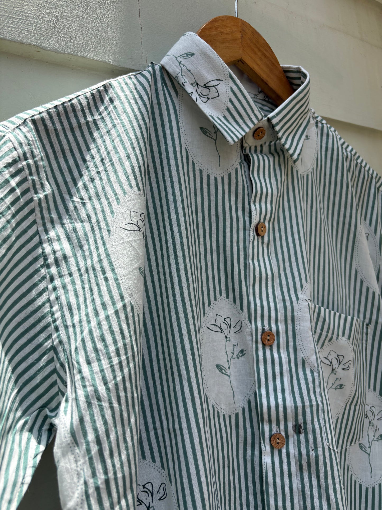 Sage Stripe & Botanical Medallion Block-Print Shirt