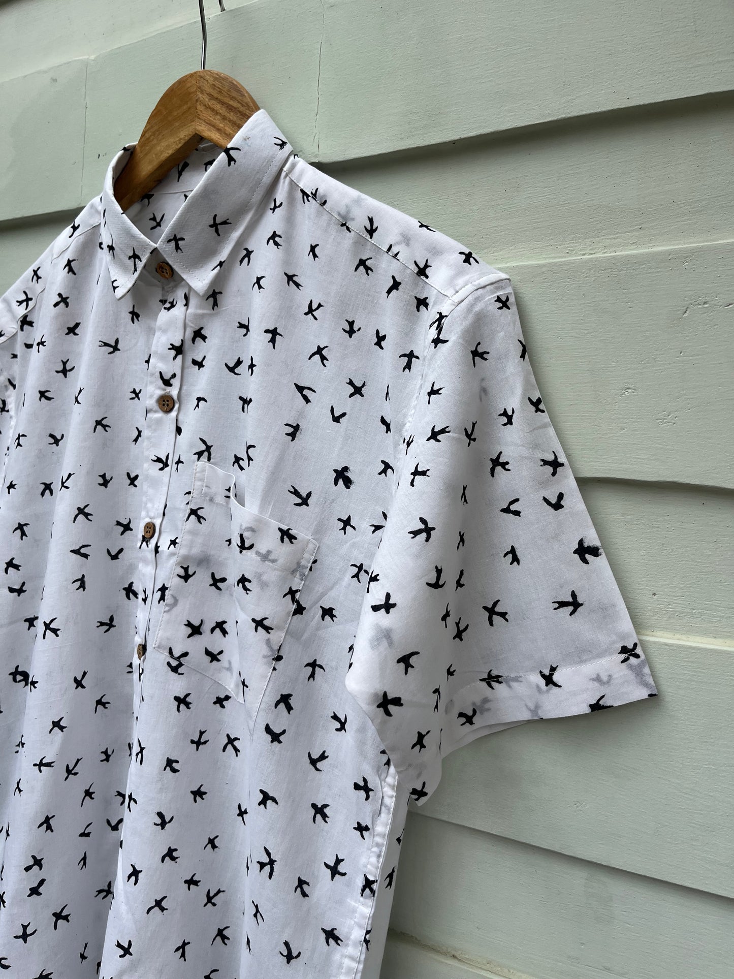 Black and White Bird Printed Cotton Shirt
