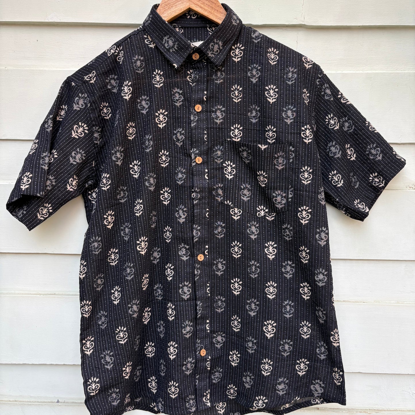 Black Floral Katha Printed Cotton Shirt