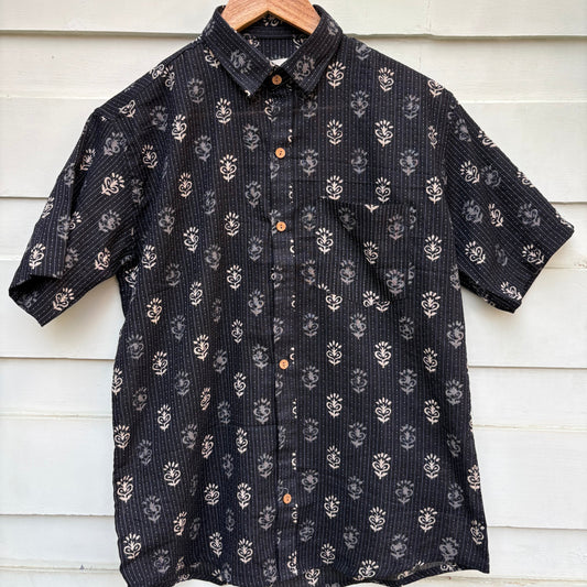 Black Floral Katha Printed Cotton Shirt