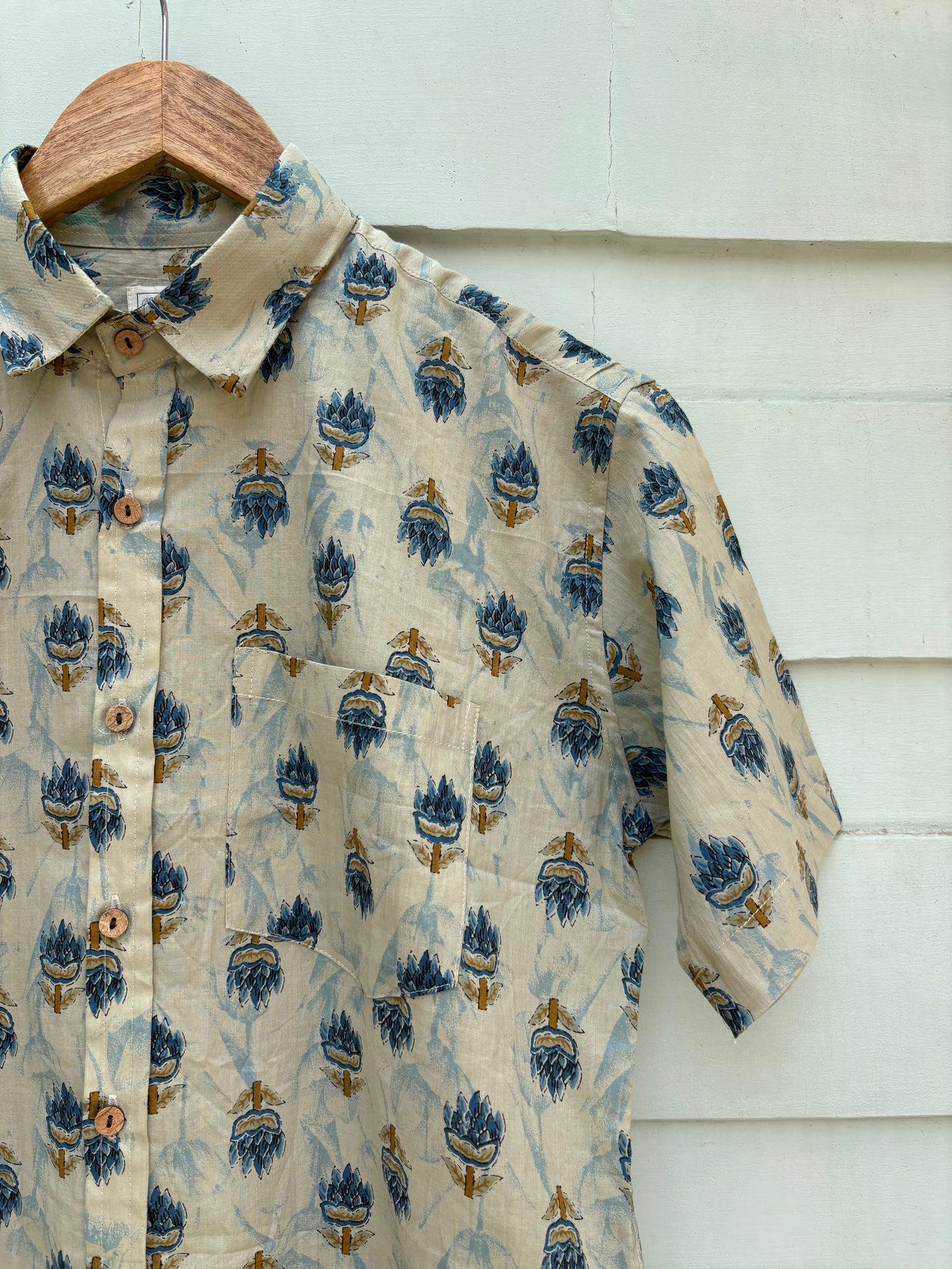 Brownish Blue Floral Printed Cotton Shirt