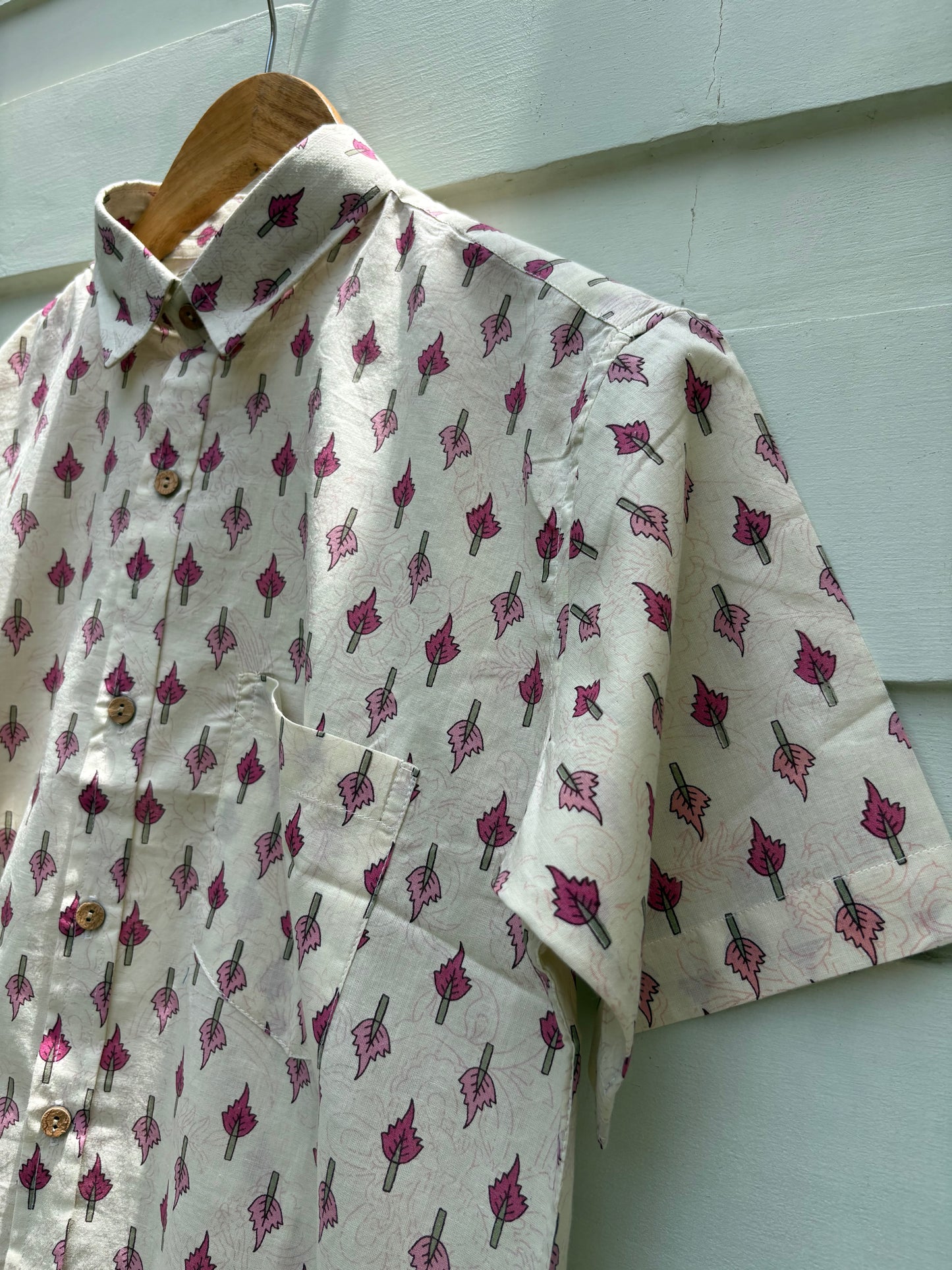Classic Crimson Leaf Block-Print Casual Shirt