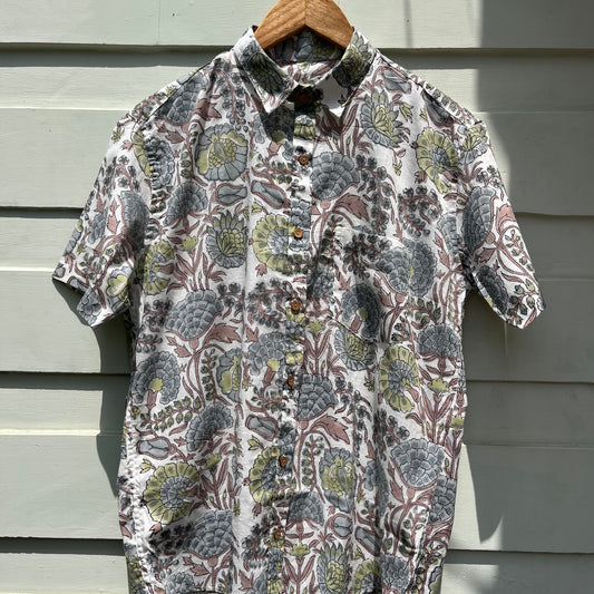 Ivory Slate Floral Hand Block Printed Shirt