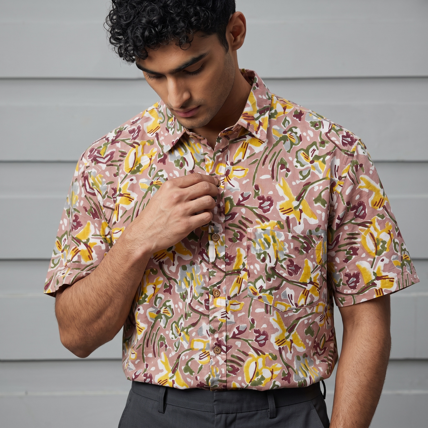 Dusty Rose Hand Block Printed Cotton Shirt