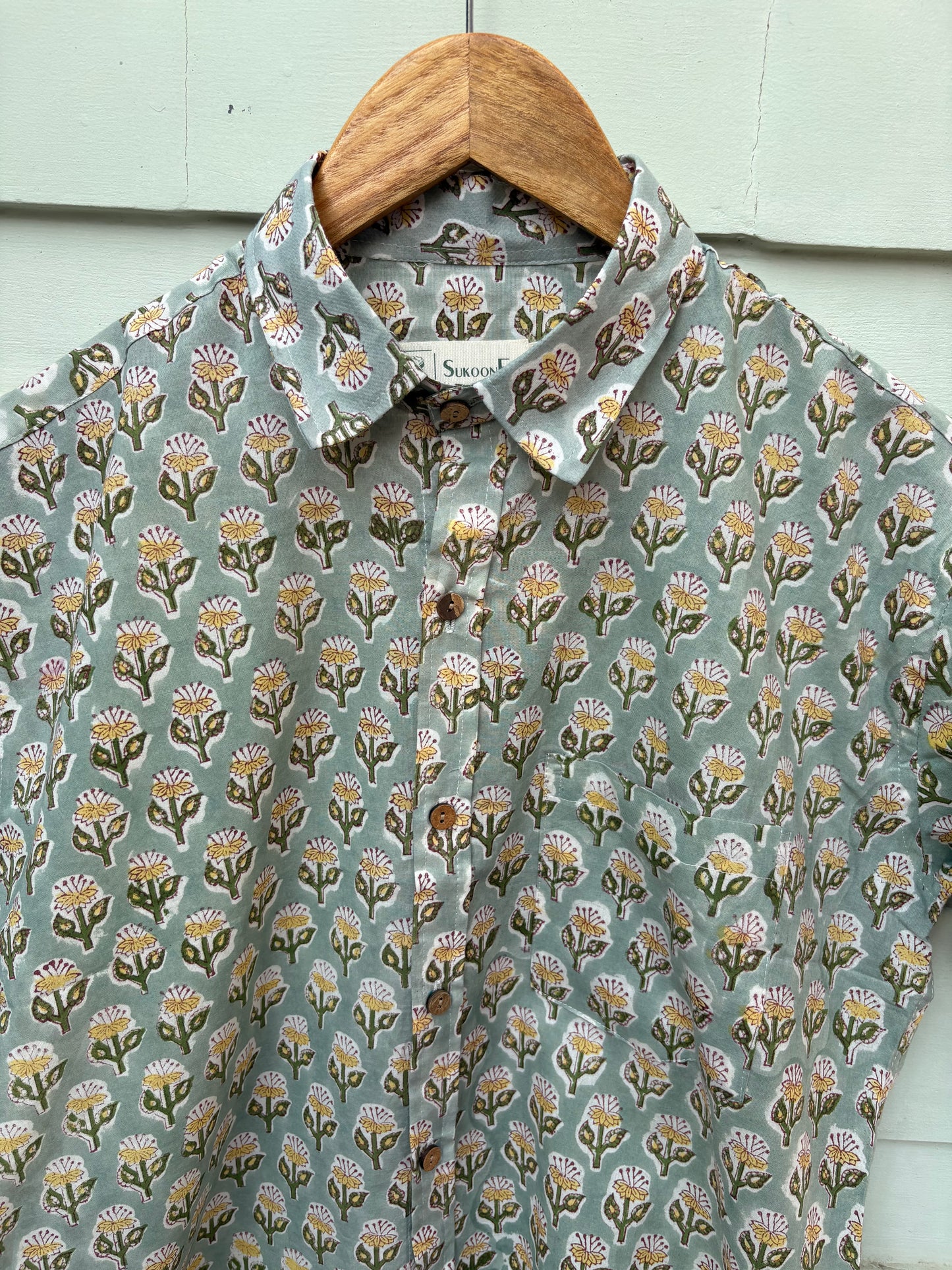 Green Floral Hand Block Printed Cotton Shirt