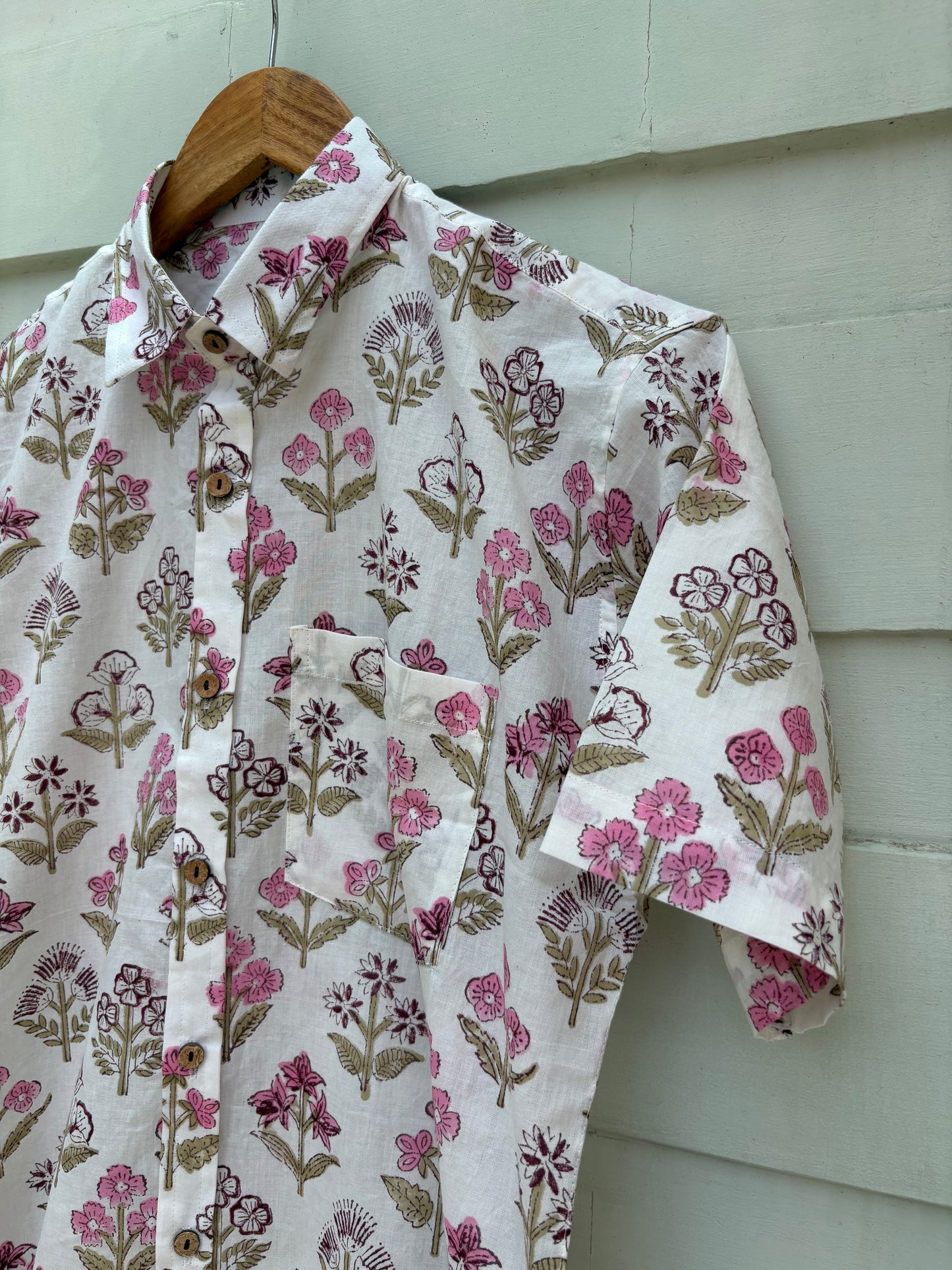 Cool White Floral Hand Block Printed Cotton Shirt
