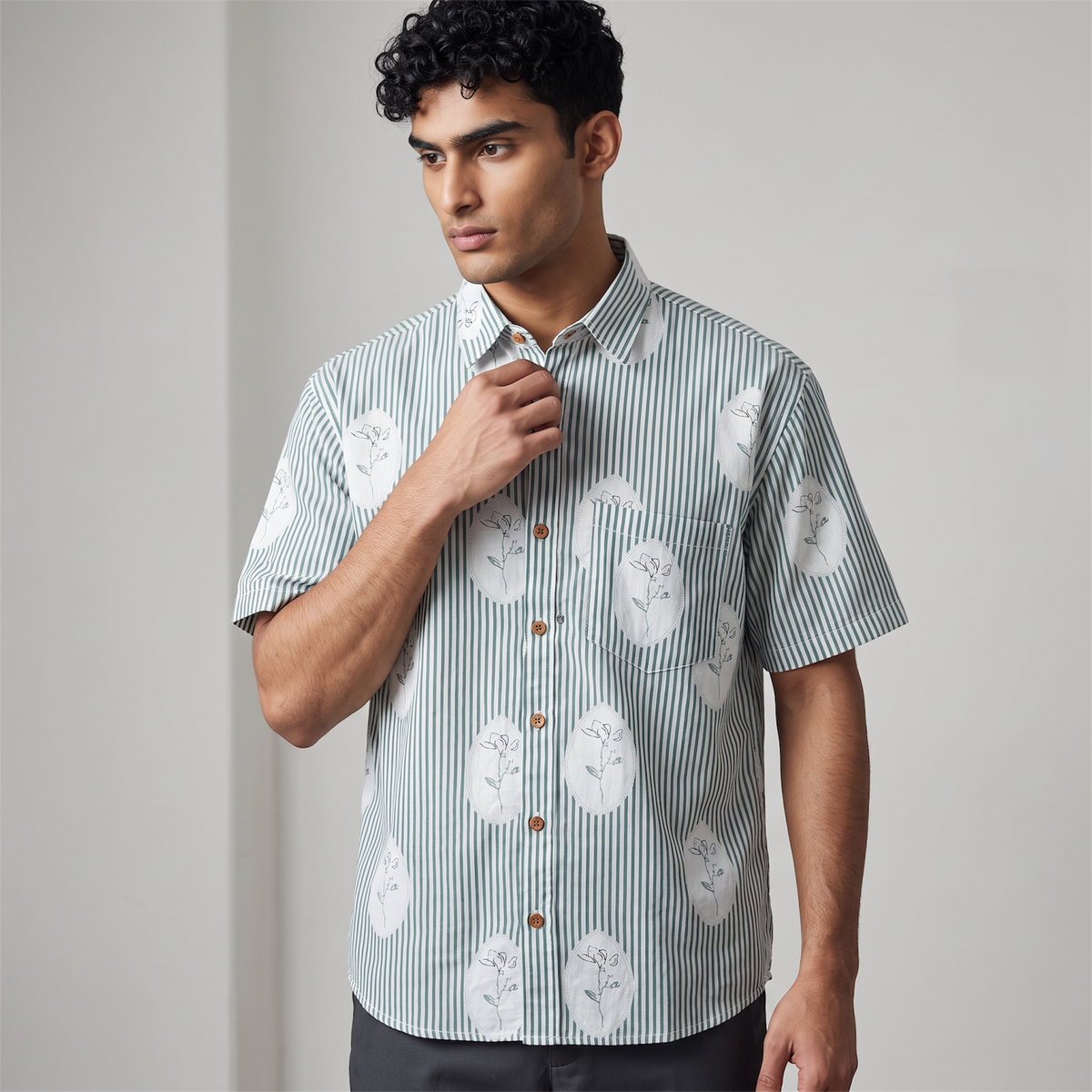 Sage Stripe & Botanical Medallion Block-Print Shirt