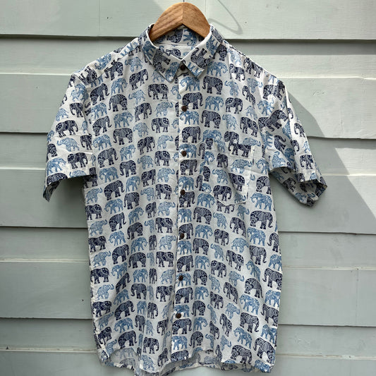 White Blue Elephants Printed Cotton Shirt